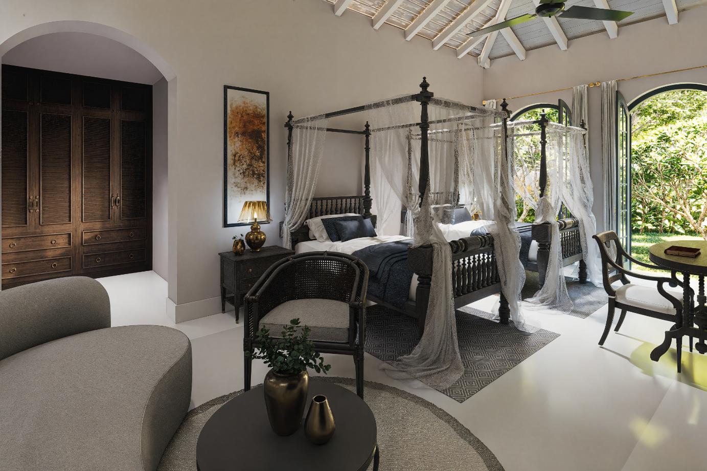 Luxurious bedroom with windows opening to a lush garden