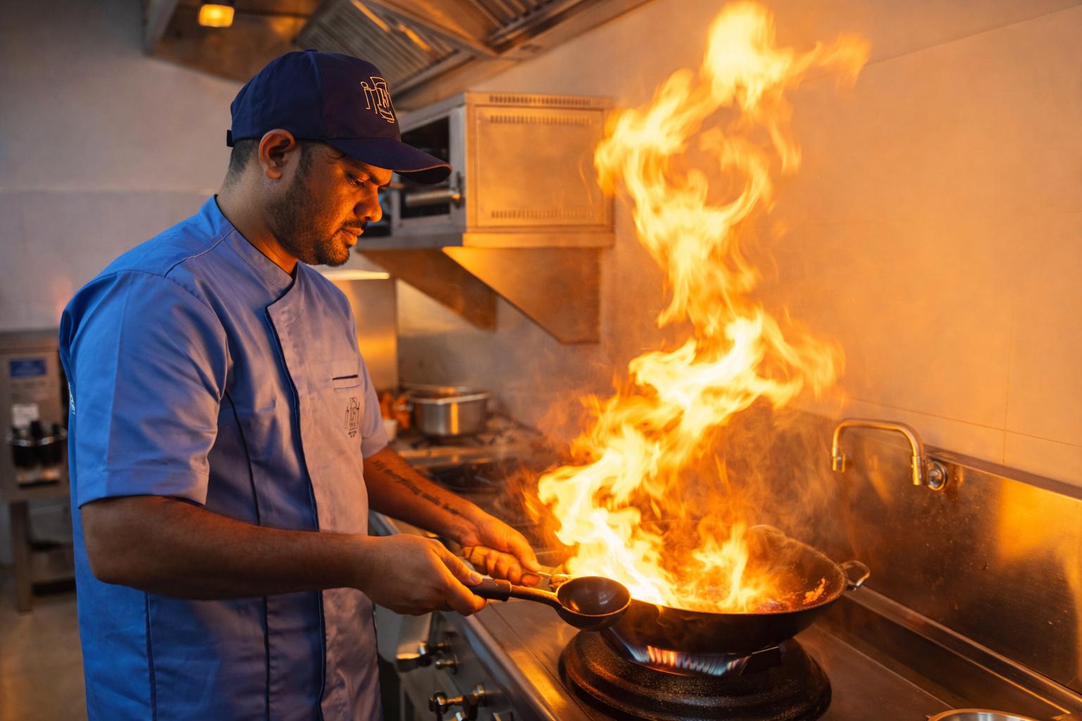 A male chef at IF Villa handling a wok on a gas stove