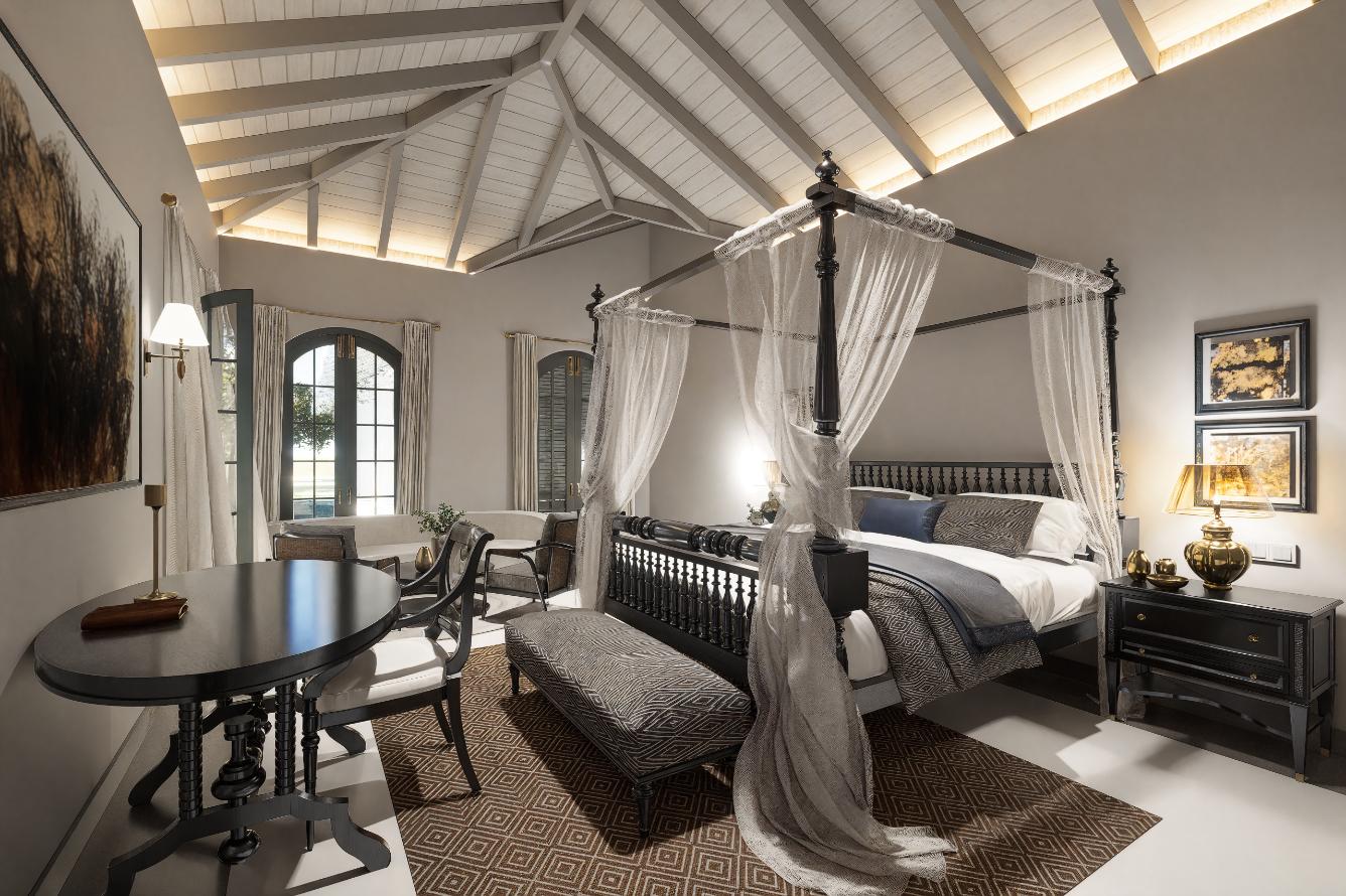 Spacious bedroom with four-poster bed, table & windows at IF Villa