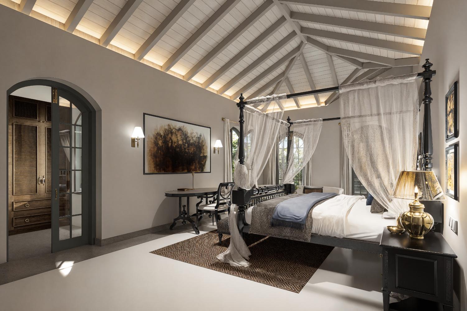 Spacious luxury bedroom with canopy bed