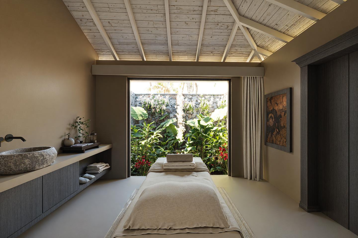 Serene spa room with a massage bed open to garden view