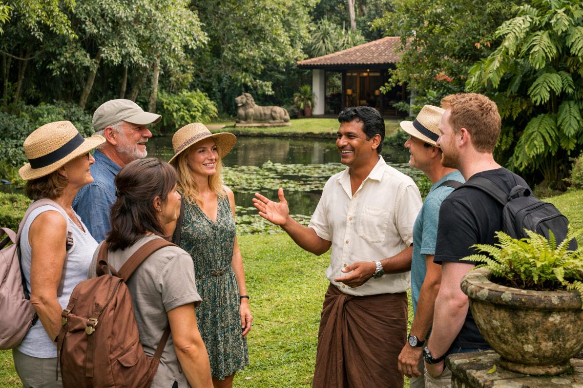 Smiling tourists listening to a guide outdoors