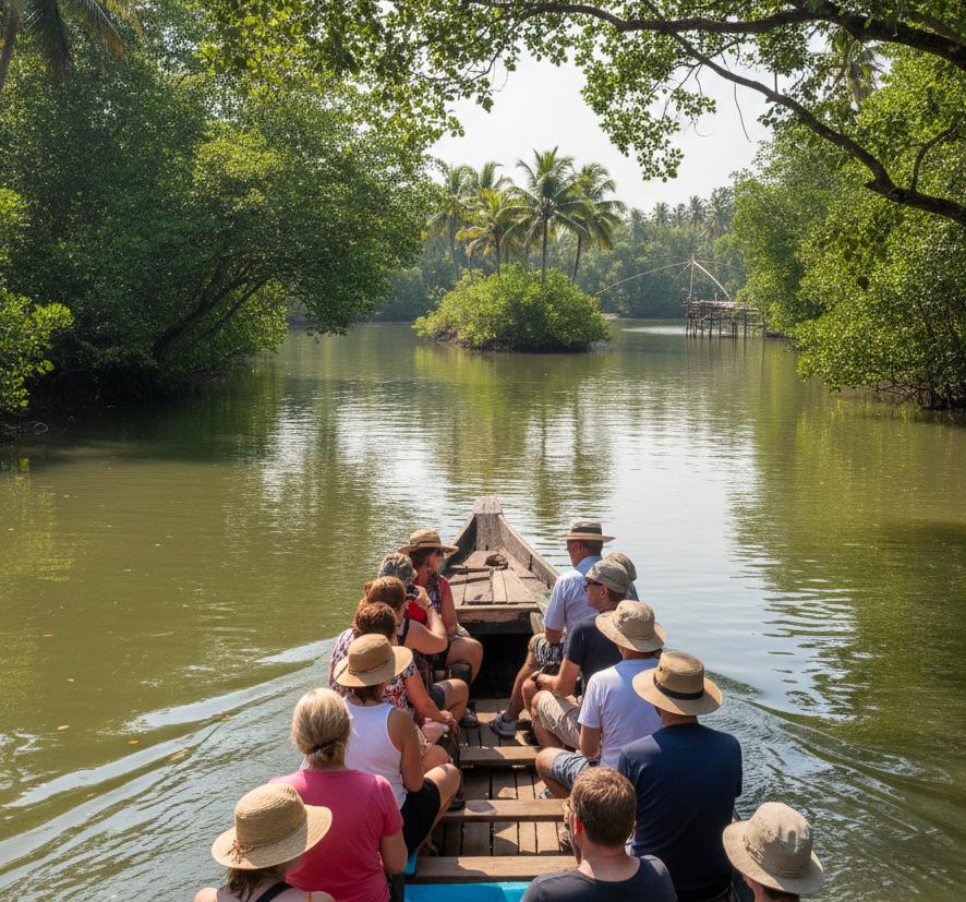 Group boat tour along a serene waterway
