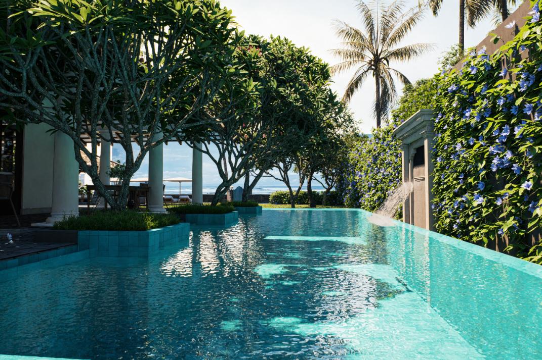 A serene pool lined with lush greenery at IF Villa