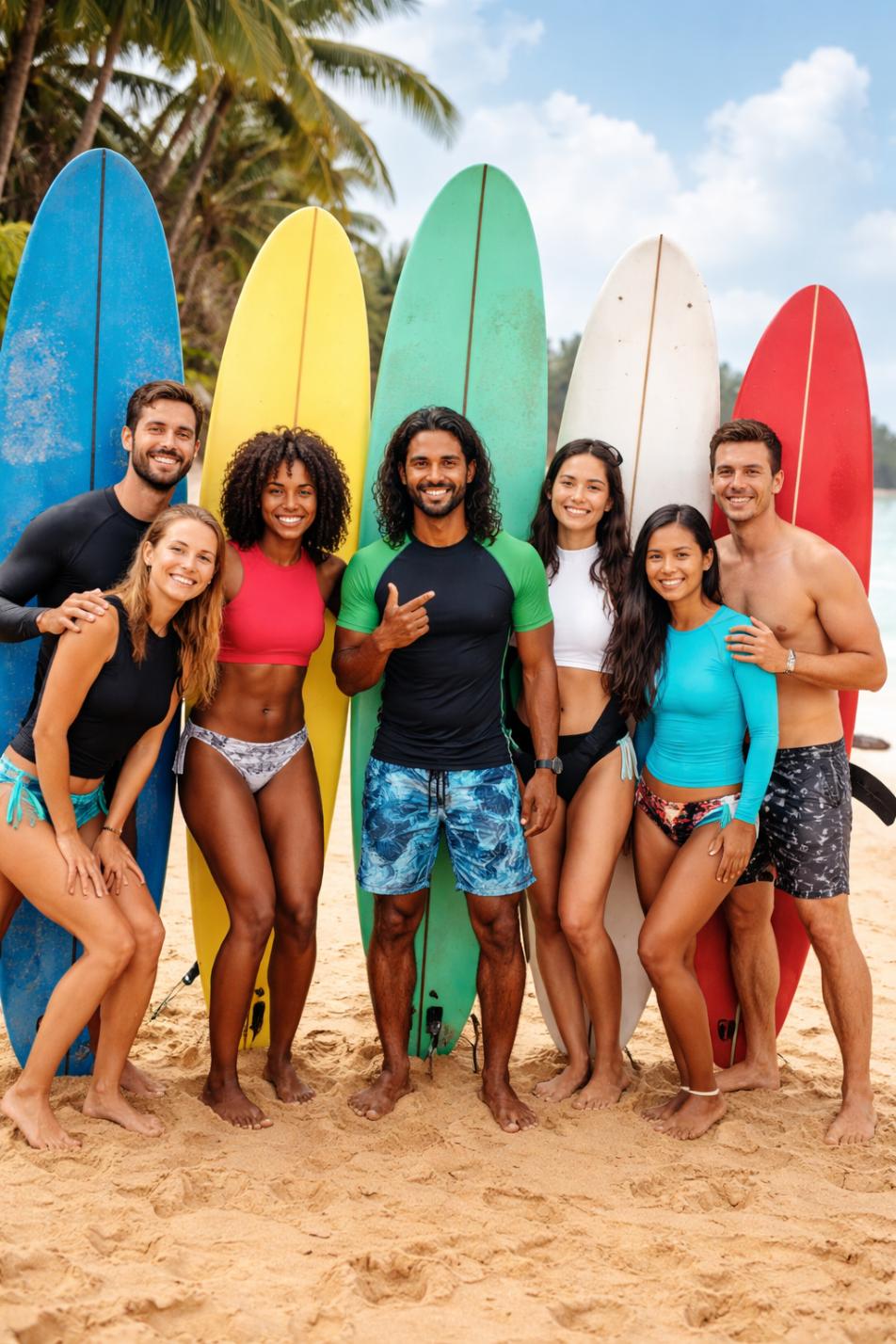 Happy surfers on beach with vibrant boards