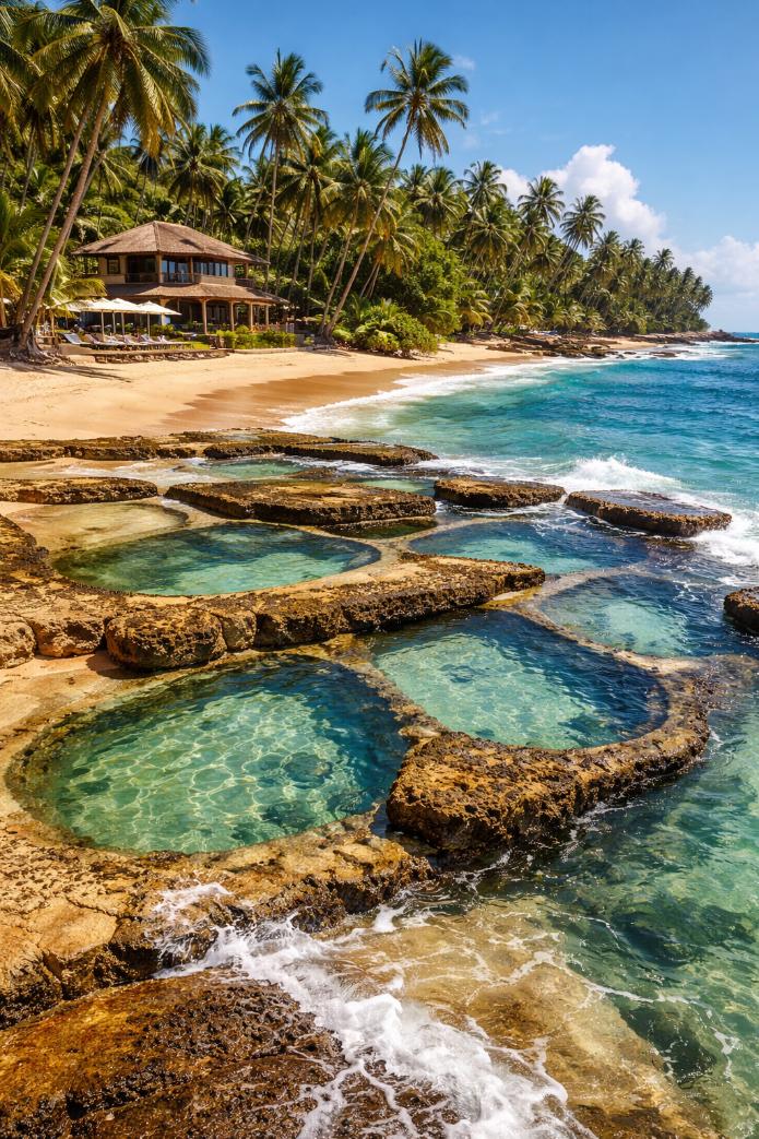 Tropical beach with natural rock pools with clear turquoise water