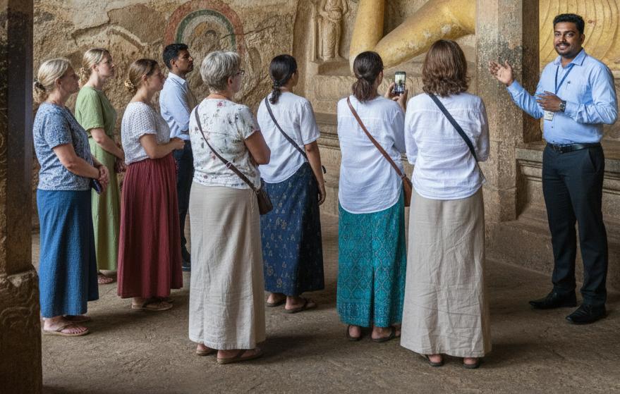 Tour guide leading group through heritage site