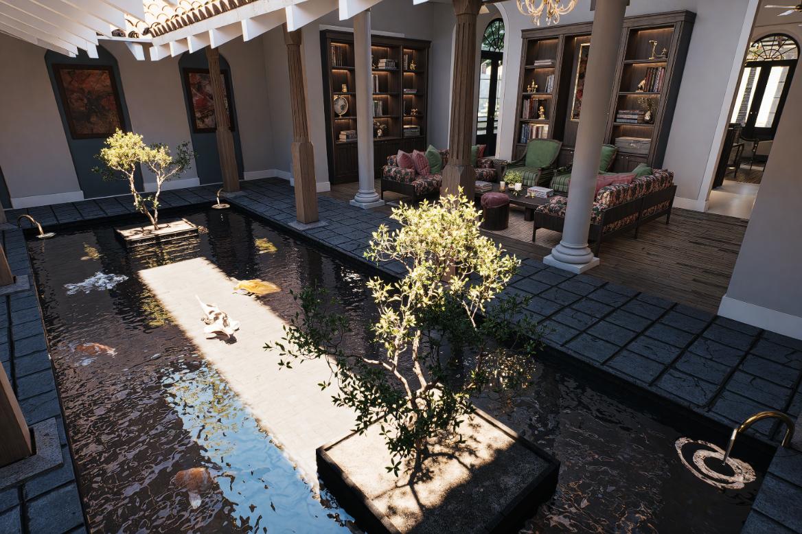 Indoor courtyard with a pool, trees & cozy seating at IF Villa