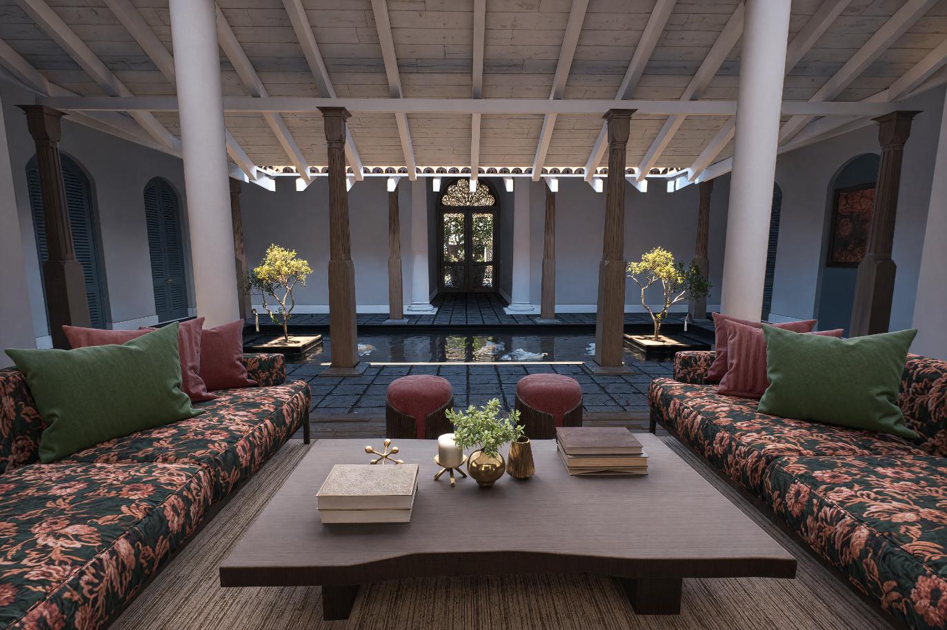 Patio with sofas & table facing pool view at IF Villa