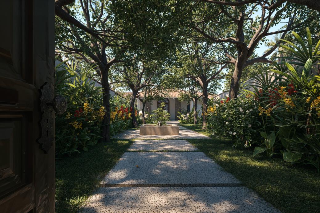 A serene garden path with lush trees and vibrant flowers