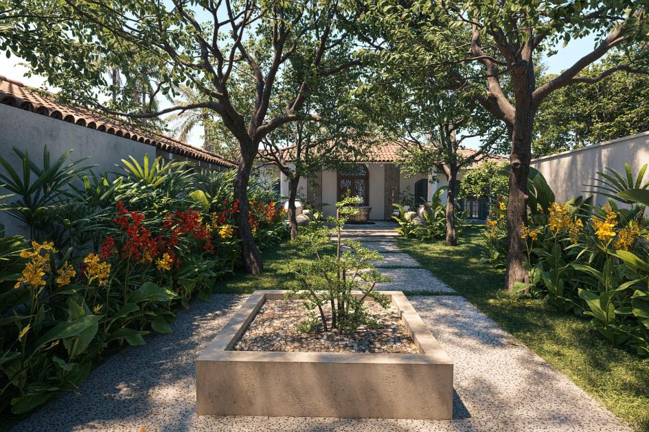 IF Villa tranquil walkway lined with colorful blooms