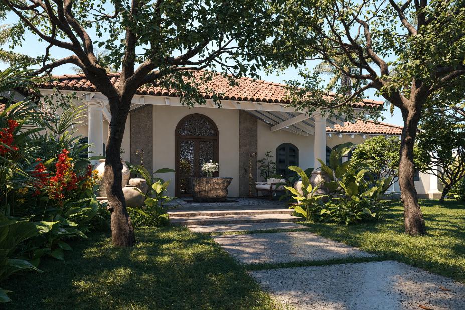 Front exterior of a lush villa with garden at IF Villa