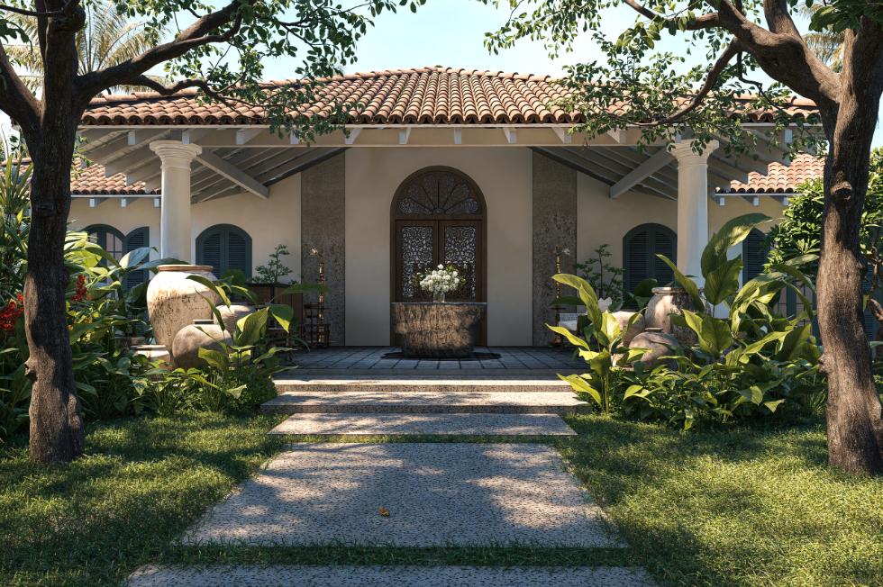 Front view of a villa with lush greenery