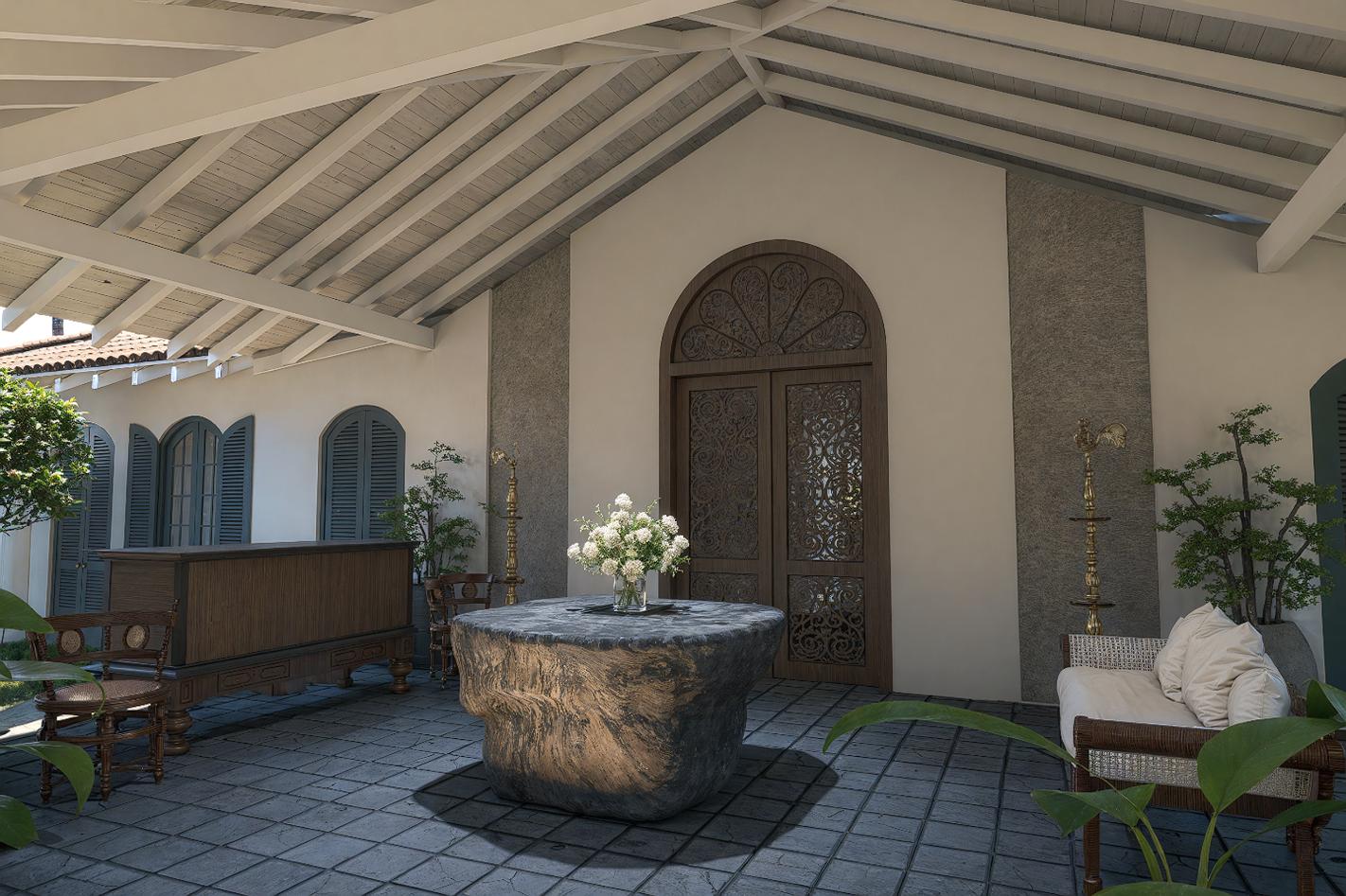 Covered patio with stone table & floral centerpiece at IF Villa